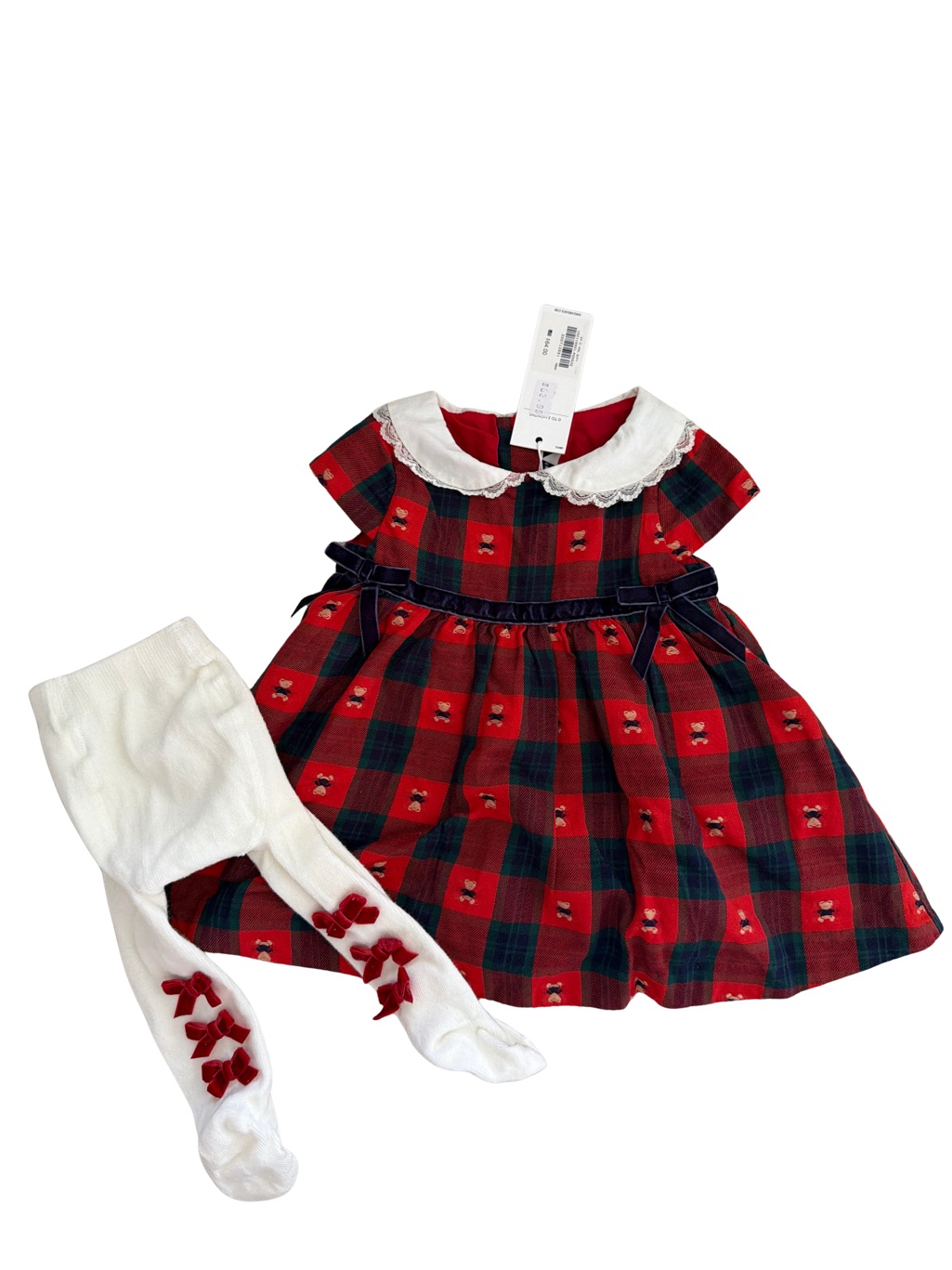 Janie And Jack Red & Navy Plaid Baby Dress With White Collar And Bow Tights